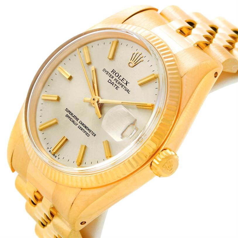 The image shows a close-up angled view of the Rolex President 1503 Men
s Yellow Gold Silver Dial 1503 Men
s Yellow Gold Silver Dial model watch, highlighting the dial, date display, and part of the bracelet.