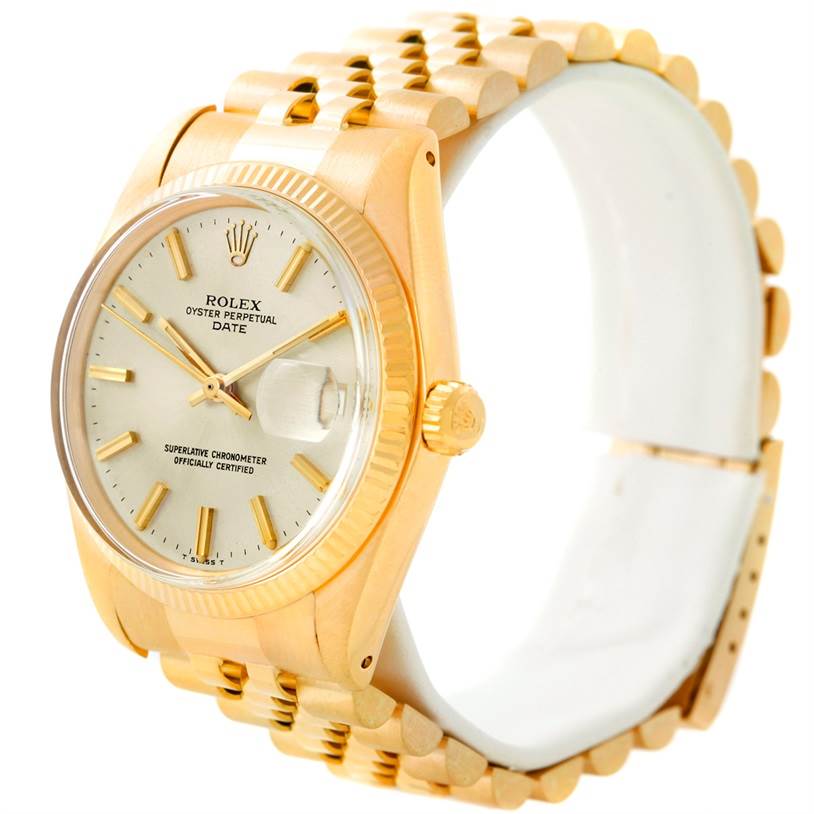 The Rolex President 1503 Men
s Yellow Gold Silver Dial 1503 Men
s Yellow Gold Silver Dial model is shown at an angle highlighting the dial, bezel, crown, and a portion of the bracelet.