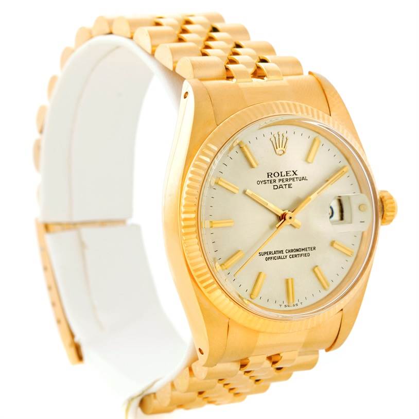 The Rolex President 1503 Men
s Yellow Gold Silver Dial 1503 Men
s Yellow Gold Silver Dial model watch is shown from a front-left angle, displaying the face, bezel, and part of the bracelet.