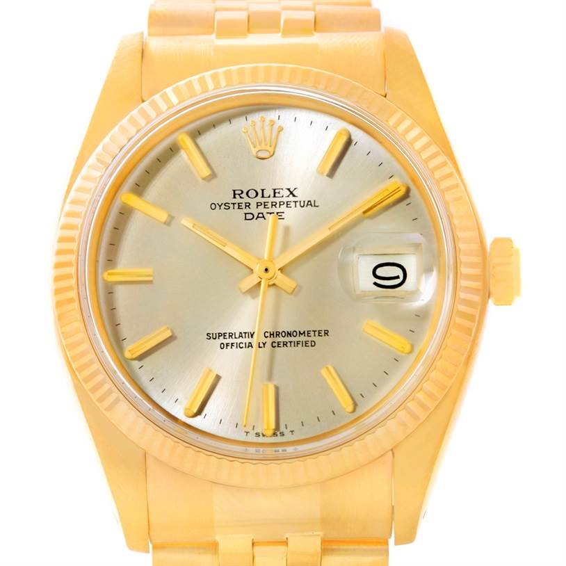 The image shows a front view of a Rolex President 1503 Men
s Yellow Gold Silver Dial 1503 Men
s Yellow Gold Silver Dial Oyster Perpetual Date watch, highlighting the dial, hands, bezel, and bracelet.