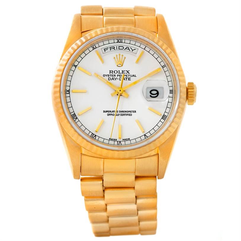This image shows a Rolex President 18238 Men's Yellow Gold White Dial 18238 Men's Yellow Gold White Dial model watch from a front angle, displaying the dial, bezel, bracelet, and crown.