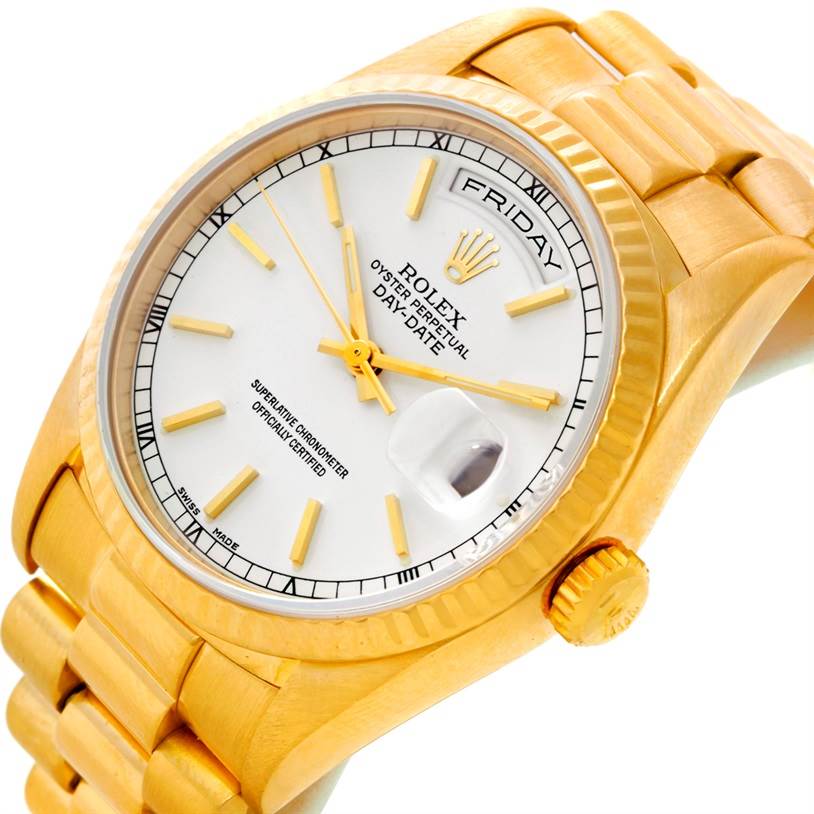 The image shows a Rolex President 18238 Men's Yellow Gold White Dial 18238 Men's Yellow Gold White Dial model watch at a slight angle, highlighting the face, bezel, bracelet, and crown.