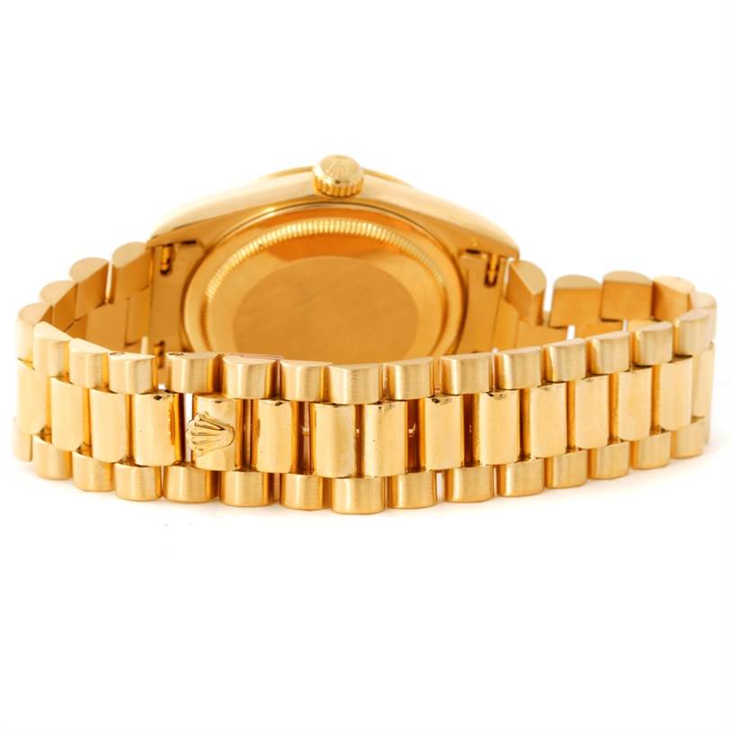 The image shows a Rolex President 18238 Men's Yellow Gold White Dial 18238 Men's Yellow Gold White Dial model watch from the back, highlighting the bracelet and case back.