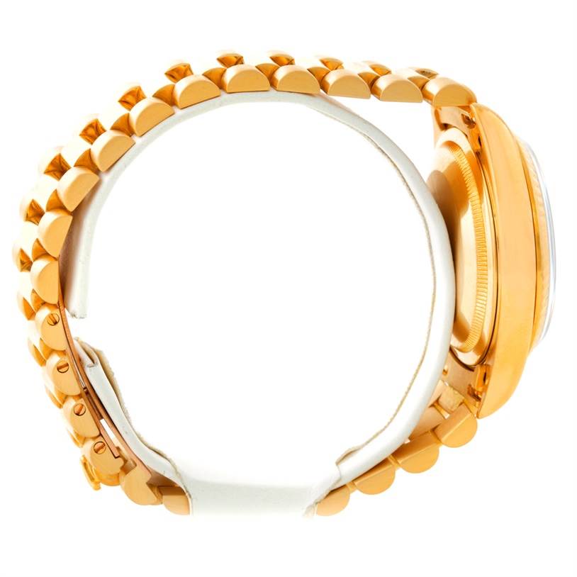 The image shows a side view of the Rolex President 18238 Men's Yellow Gold White Dial 18238 Men's Yellow Gold White Dial model watch, highlighting the bracelet and case.