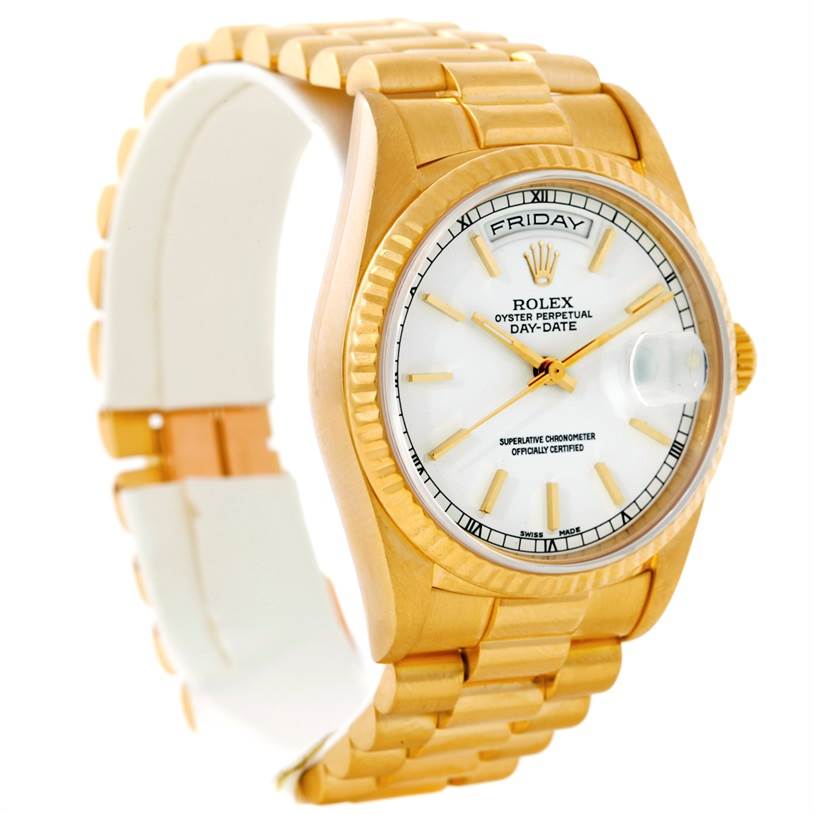 The image shows a Rolex President 18238 Men's Yellow Gold White Dial 18238 Men's Yellow Gold White Dial model watch from an angled front view, highlighting the dial, bracelet, and case.
