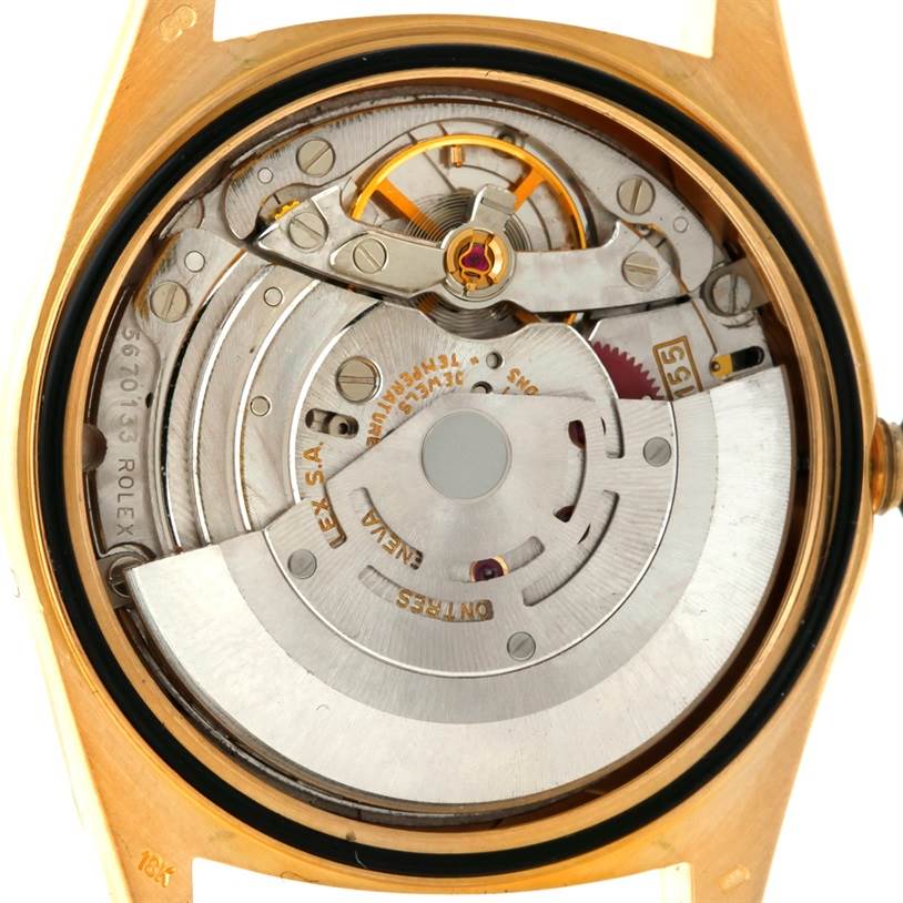 This image shows the inner movement mechanism of the Rolex President 18238 Men's Yellow Gold White Dial 18238 Men's Yellow Gold White Dial model watch from a rear angle.