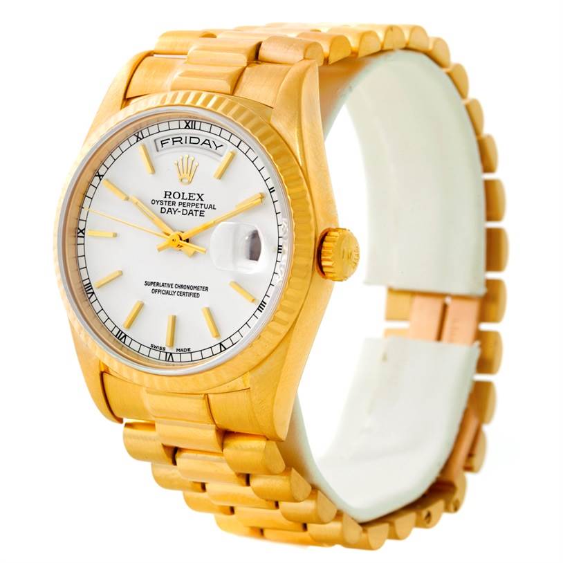 The image shows a Rolex President 18238 Men's Yellow Gold White Dial 18238 Men's Yellow Gold White Dial model watch at an angle highlighting the face, bezel, crown, and bracelet.