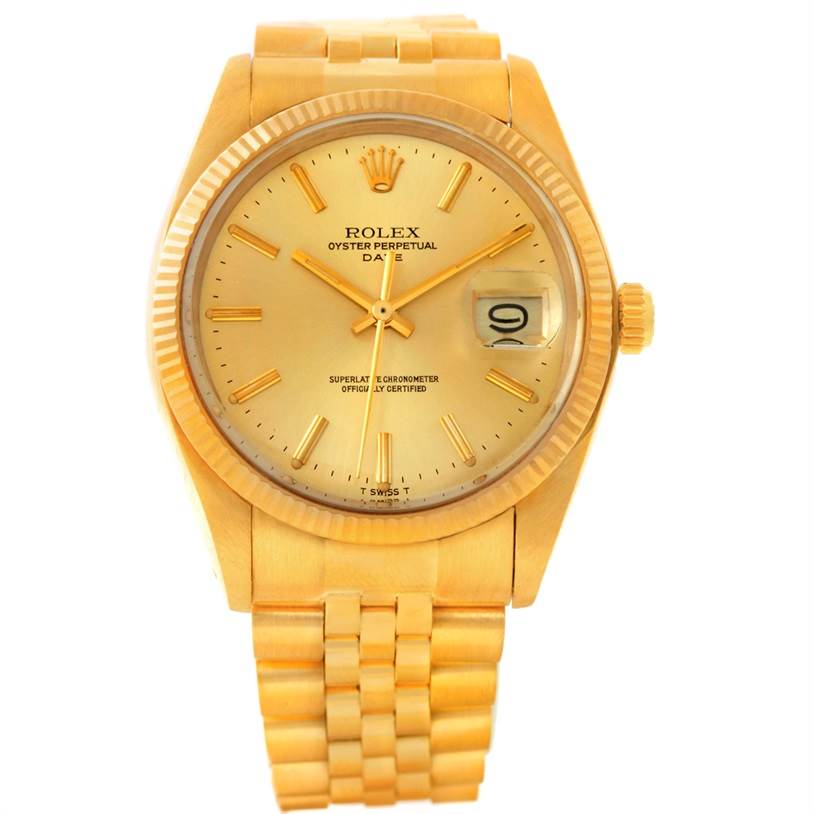 The image shows a front view of a gold Rolex President 1503 Men
s Yellow Gold Champagne Dial 1503 Men
s Yellow Gold Champagne Dial model watch, highlighting its dial, hands, date window, and bracelet.