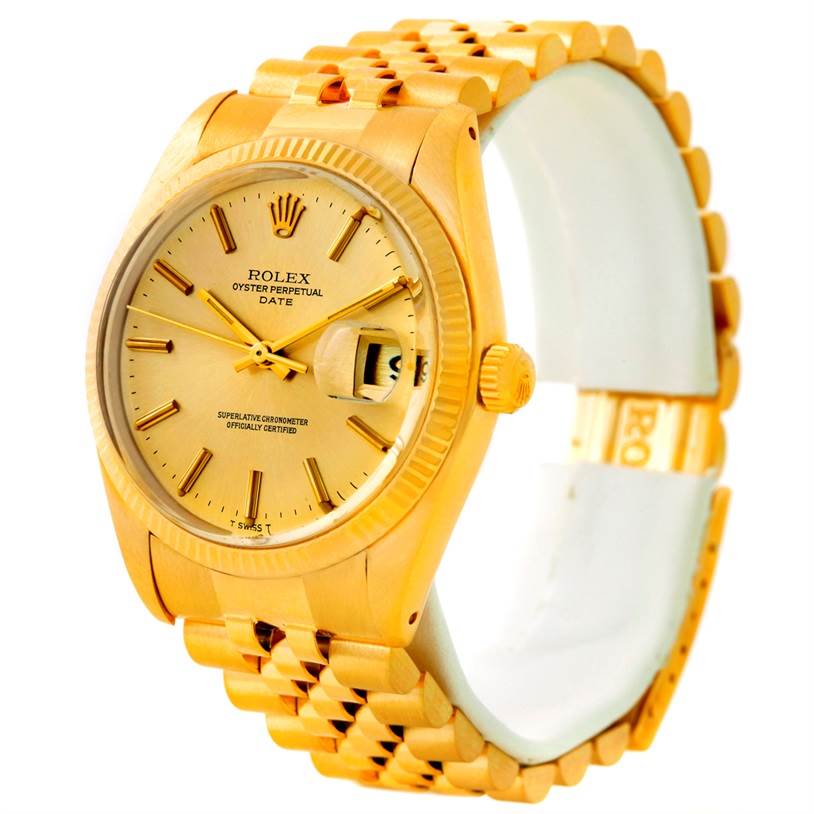 This Rolex President 1503 Men
s Yellow Gold Champagne Dial 1503 Men
s Yellow Gold Champagne Dial model watch is shown from a three-quarter angle, displaying the face, dial, crown, and part of the bracelet.