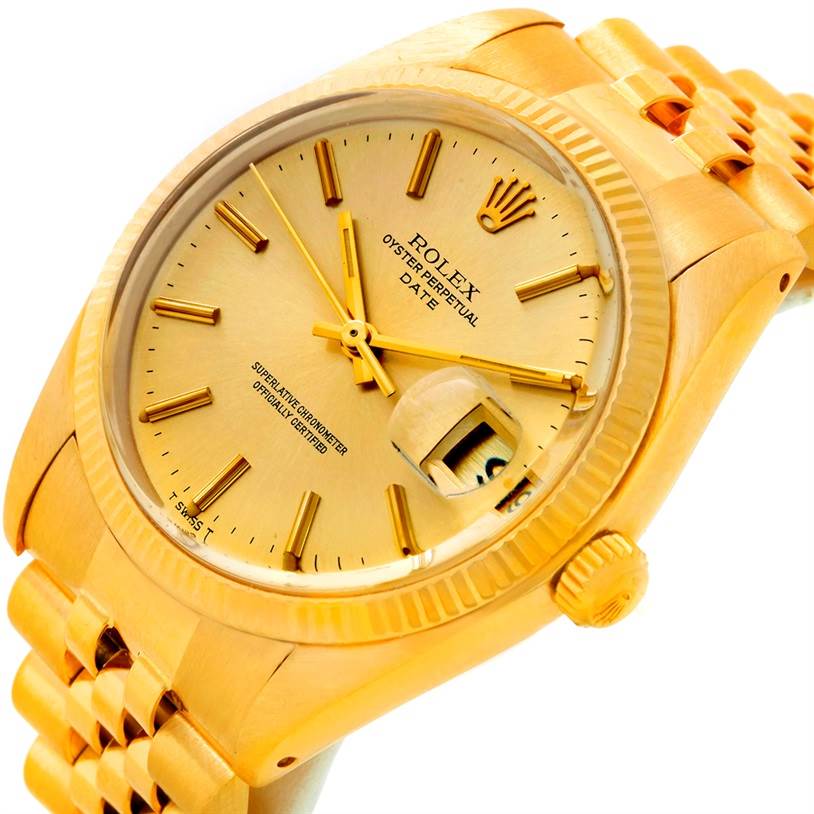 The image shows a close-up angled view of the Rolex President 1503 Men
s Yellow Gold Champagne Dial 1503 Men
s Yellow Gold Champagne Dial model watch, highlighting its dial, bezel, and part of the bracelet.