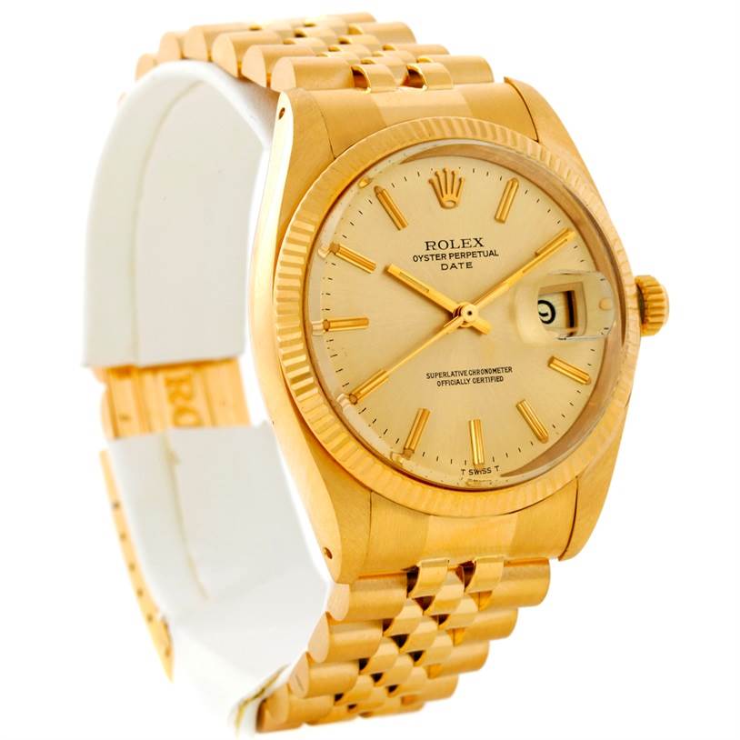 The image shows a side-angle view of the Rolex President 1503 Men
s Yellow Gold Champagne Dial 1503 Men
s Yellow Gold Champagne Dial model watch, displaying the dial, bezel, crown, and bracelet.