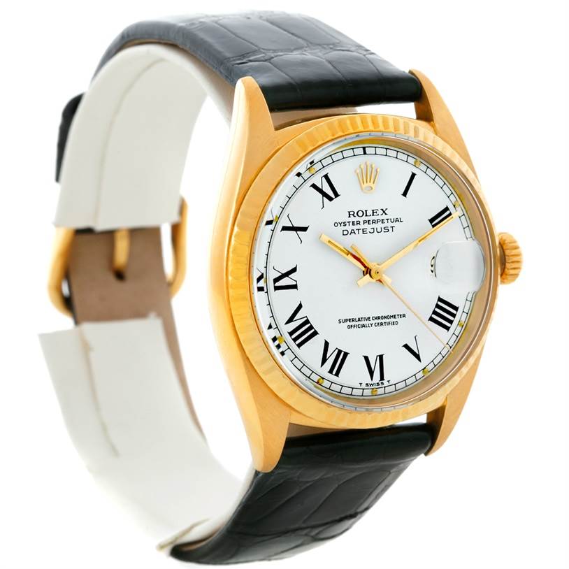 This Rolex President 1601 Men's Yellow Gold White Dial 1601 Men's Yellow Gold White Dial model is shown at an angle highlighting the face, bezel, crown, and leather strap.