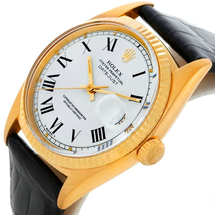 The Rolex President 1601 Men's Yellow Gold White Dial 1601 Men's Yellow Gold White Dial model is shown at an angled view, highlighting its white dial, gold case, crown, and black leather strap.
