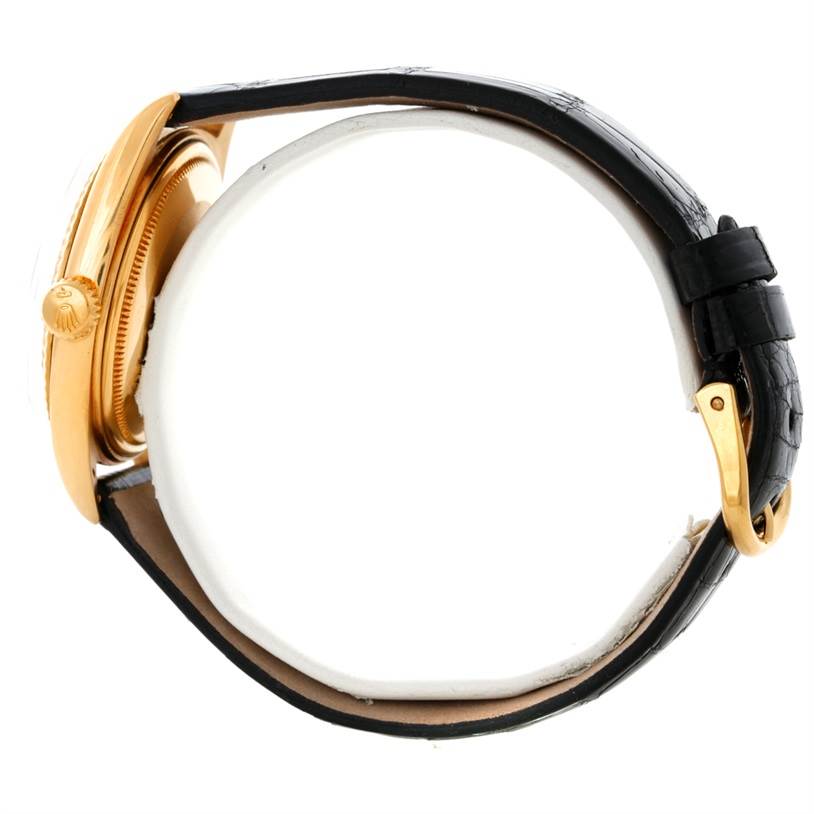 The image shows a side view of the Rolex President 1601 Men's Yellow Gold White Dial 1601 Men's Yellow Gold White Dial model watch, featuring the case, crown, and leather strap.