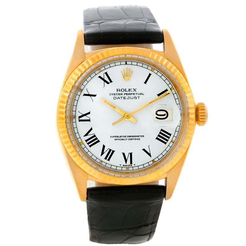 The image shows a frontal view of a Rolex President 1601 Men's Yellow Gold White Dial 1601 Men's Yellow Gold White Dial Datejust watch, featuring its dial, bezel, and leather strap.