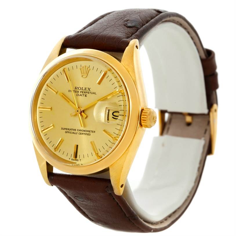 This image shows a Rolex President 1500 Men
s Yellow Gold Champagne Dial 1500 Men
s Yellow Gold Champagne Dial model watch at a three-quarter angle, displaying the face, crown, and leather strap.
