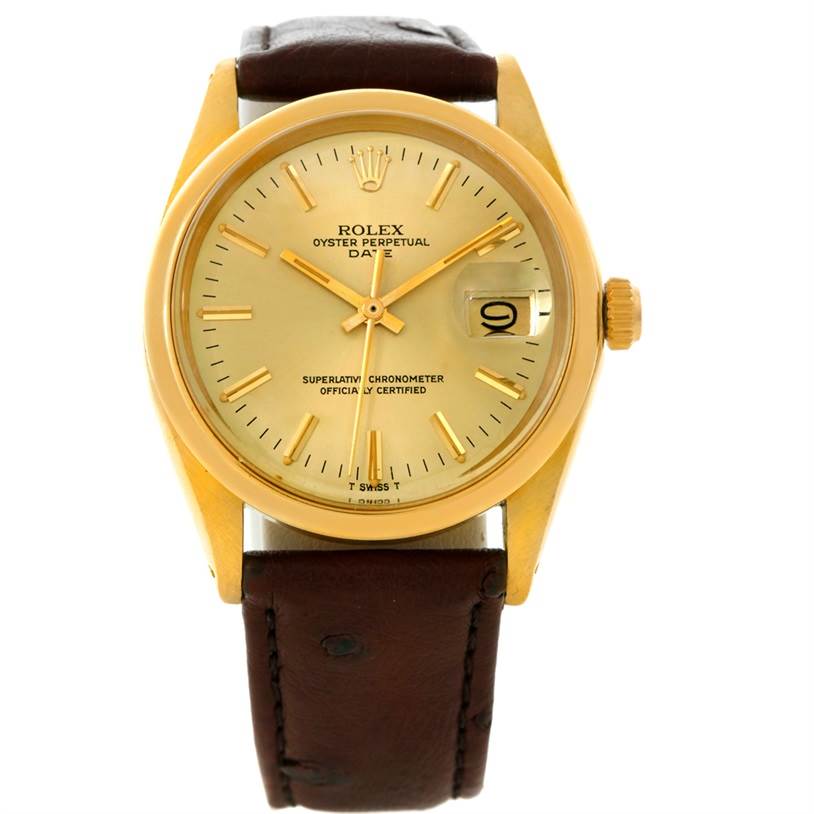 The Rolex President 1500 Men
s Yellow Gold Champagne Dial 1500 Men
s Yellow Gold Champagne Dial model watch is shown from the front, featuring a gold dial, gold hands, date window, and brown leather strap.