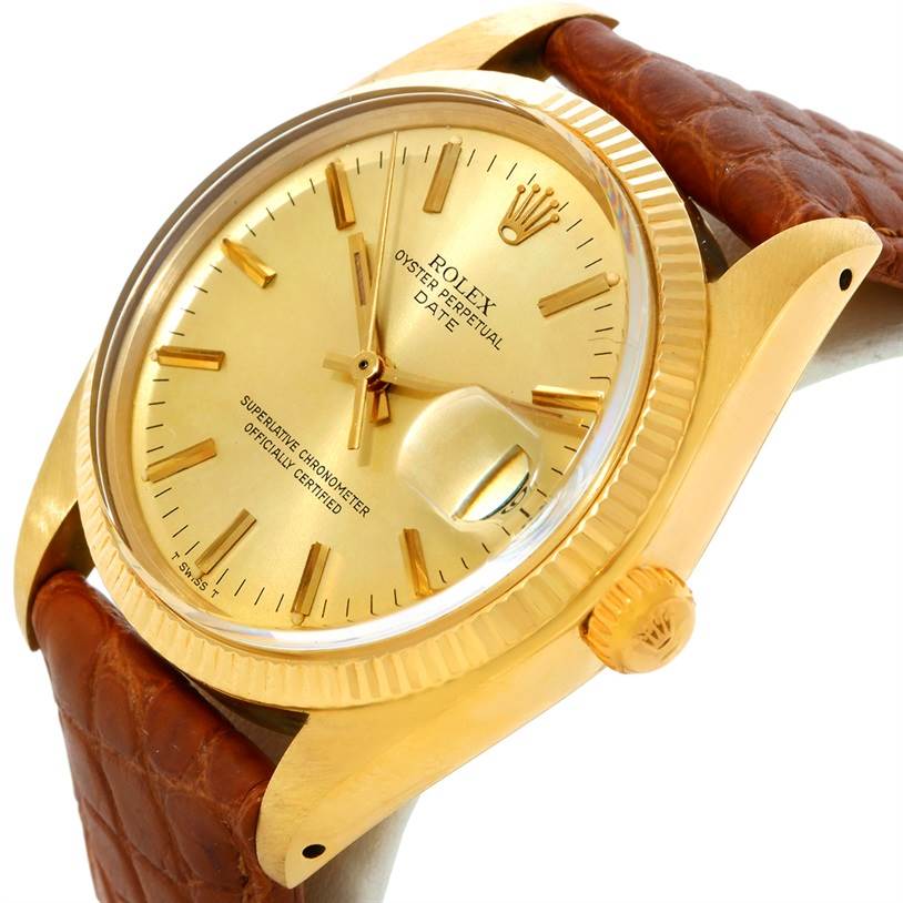 The Rolex President 1503 Men
s Yellow Gold Champagne Dial 1503 Men
s Yellow Gold Champagne Dial model watch is shown at an angled close-up view highlighting the dial, crown, and part of the leather strap.