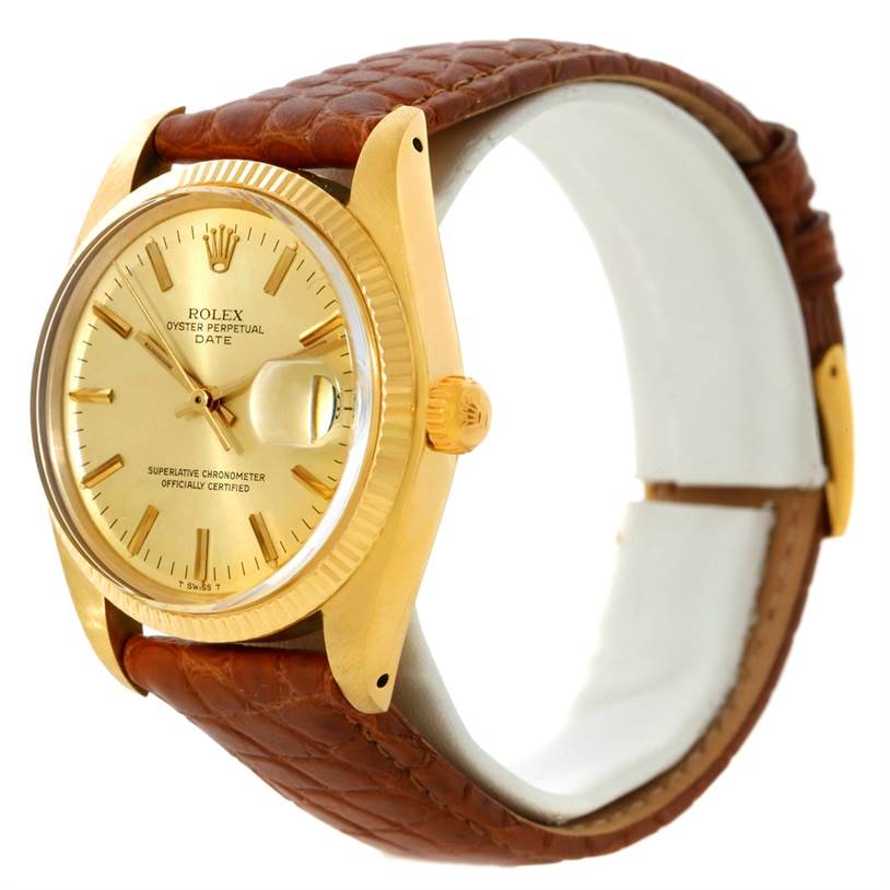 The image shows a Rolex President 1503 Men
s Yellow Gold Champagne Dial 1503 Men
s Yellow Gold Champagne Dial model watch from a front-side angle, highlighting the face, bezel, crown, and leather strap.