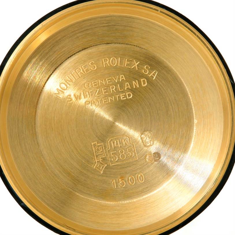 This image shows the interior of the case back of a Rolex President 1503 Men
s Yellow Gold Champagne Dial 1503 Men
s Yellow Gold Champagne Dial model watch.