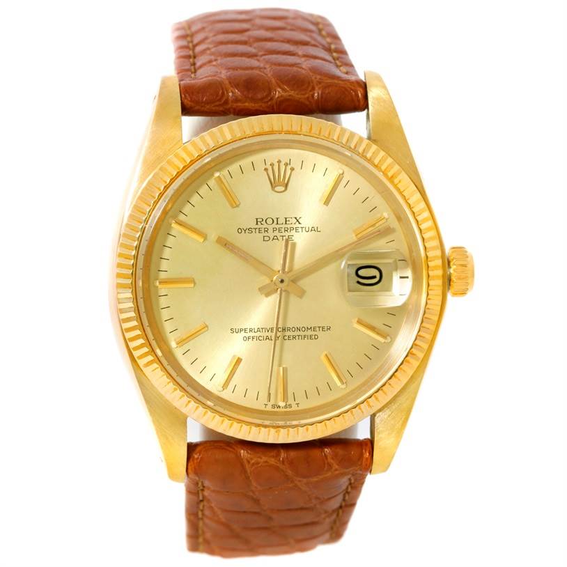 The image shows a front view of a Rolex President 1503 Men
s Yellow Gold Champagne Dial 1503 Men
s Yellow Gold Champagne Dial model watch, displaying its dial, bezel, crown, and leather strap.
