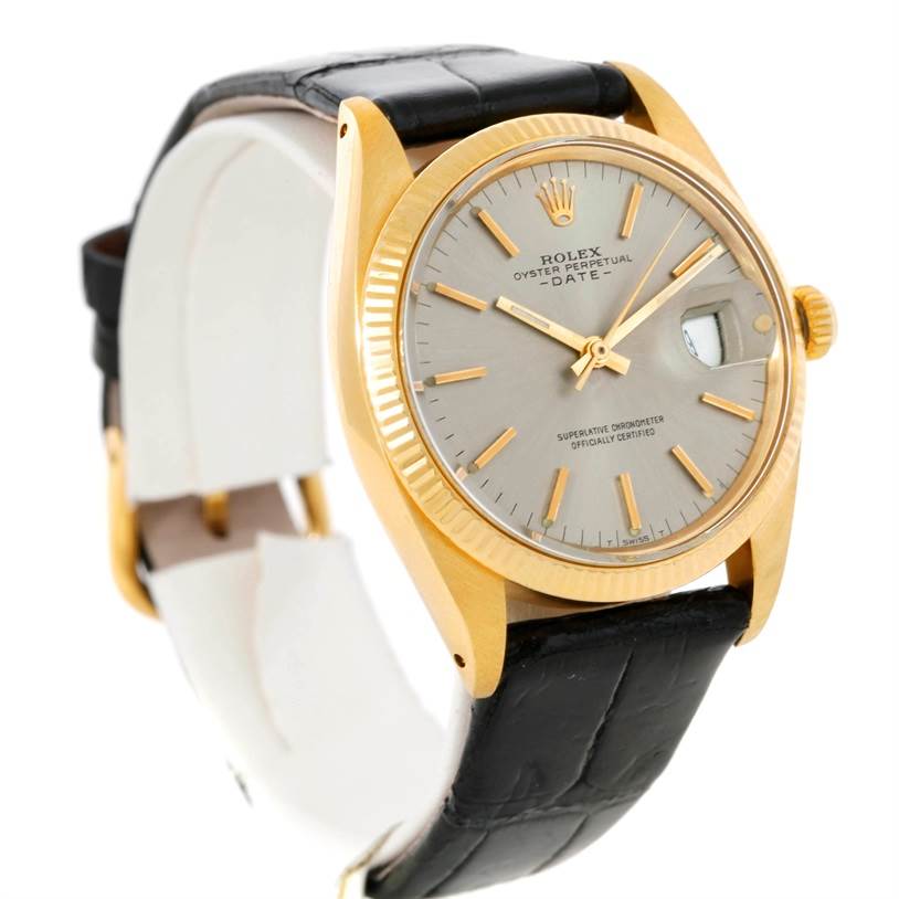 The image showcases a Rolex President 1503 Men's Yellow Gold Silver Dial 1503 Men's Yellow Gold Silver Dial model watch from an angled front view, highlighting its dial, bezel, and leather strap.