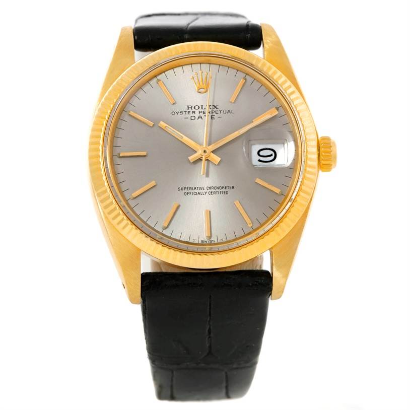 This image shows a Rolex President 1503 Men's Yellow Gold Silver Dial 1503 Men's Yellow Gold Silver Dial model watch from the front, highlighting the dial, bezel, and strap.
