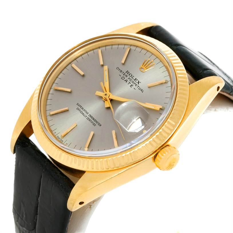 The image shows a side angle of a Rolex President 1503 Men's Yellow Gold Silver Dial 1503 Men's Yellow Gold Silver Dial model watch, highlighting its gold case, crown, leather strap, and date display.