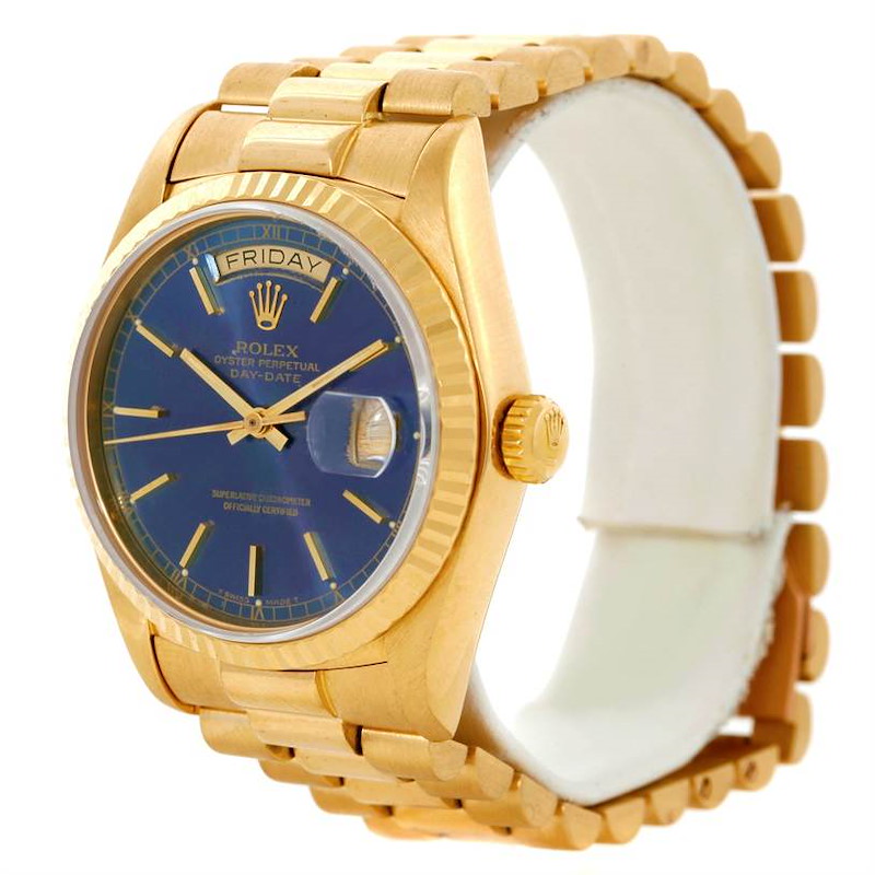 Rolex President Day Date Mens 18k Yellow Gold Blue Dial Watch 18038 SwissWatchExpo