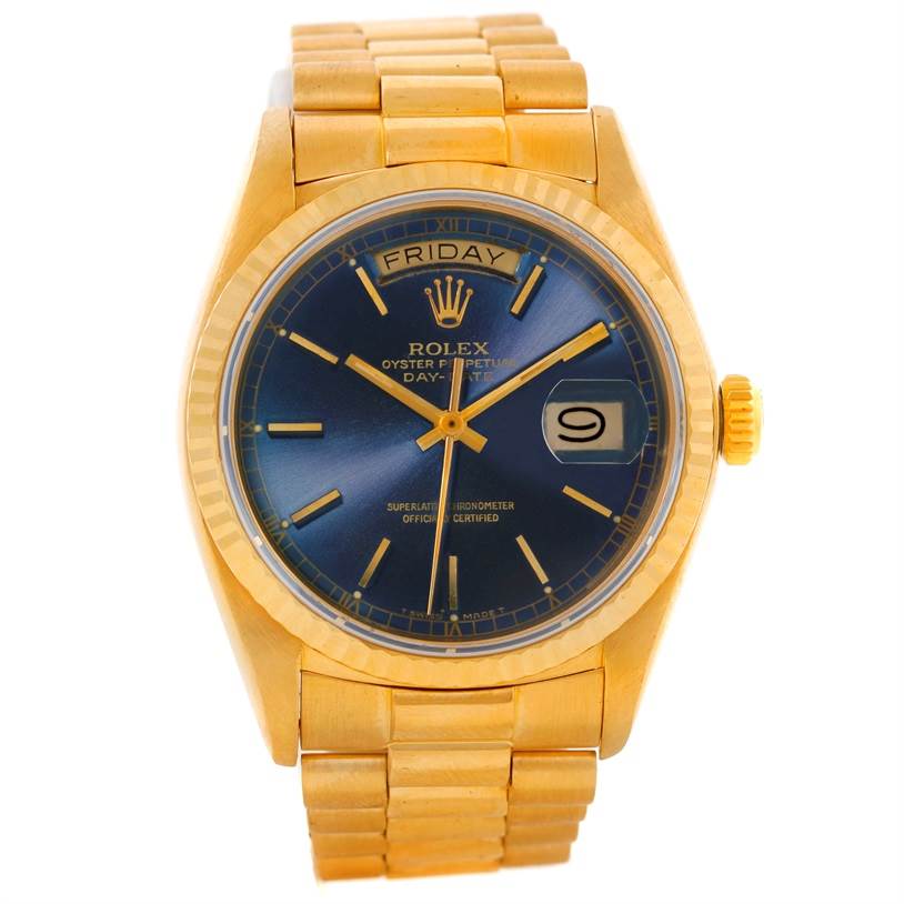 The image shows a Rolex President 18038 Men's Yellow Gold Blue Dial 18038 Men's Yellow Gold Blue Dial model watch from a front angle, featuring the dial, case, and bracelet.