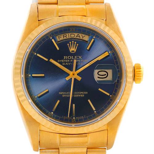 Photo of Rolex President Day Date Mens 18k Yellow Gold Blue Dial Watch 18038