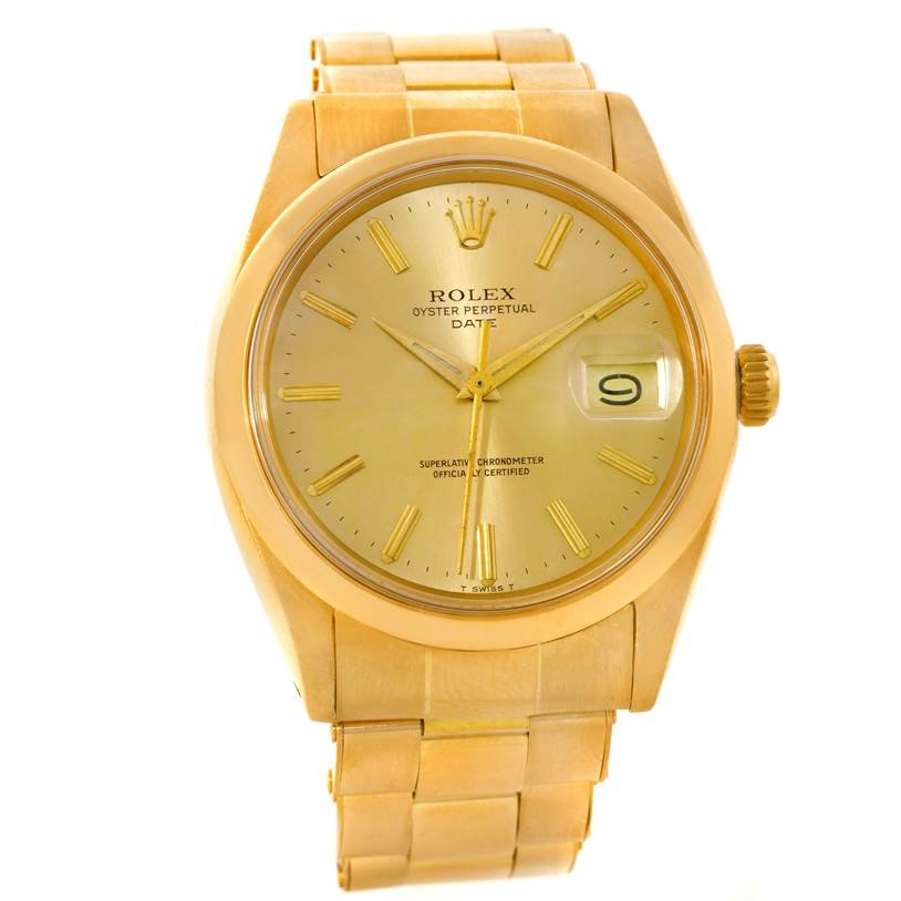 The image shows a Rolex President 1500 Men
s Yellow Gold Champagne Dial 1500 Men
s Yellow Gold Champagne Dial model watch from a frontal view, displaying its gold bracelet, dial, and date window.