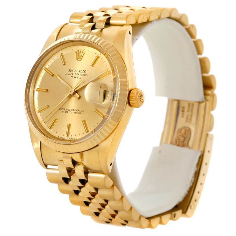 The image shows a side angle of a Rolex President 15037 Men
s Yellow Gold Champagne Dial 15037 Men
s Yellow Gold Champagne Dial model watch, highlighting the dial, case, and bracelet.