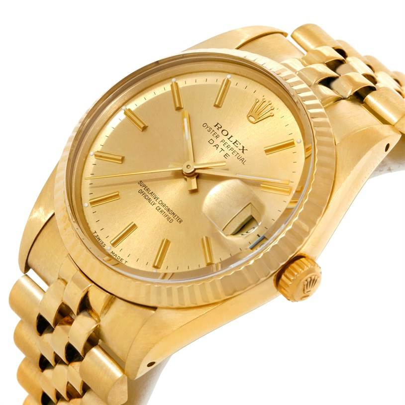 The image shows a close-up angle of the Rolex President 15037 Men
s Yellow Gold Champagne Dial 15037 Men
s Yellow Gold Champagne Dial model watch, highlighting its golden dial, hands, date window, crown, and bracelet.