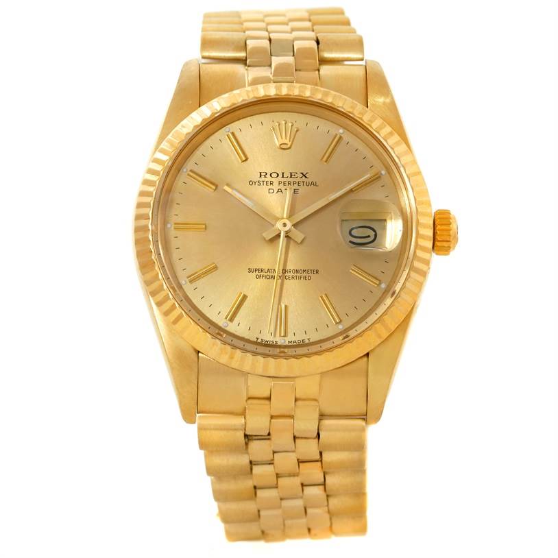 The image shows a frontal view of a gold Rolex Oyster Perpetual Date President model watch, displaying its face, bezel, crown, and bracelet.