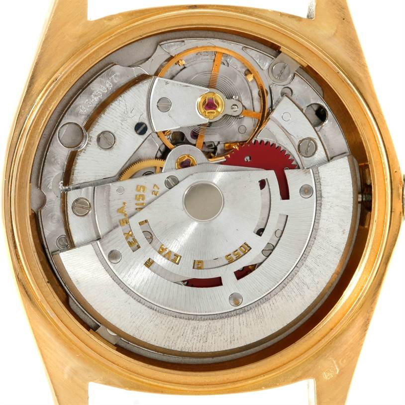This image shows the internal mechanical components of a Rolex President 18038 Men's Yellow Gold Black Dial 18038 Men's Yellow Gold Black Dial model watch from a back view.