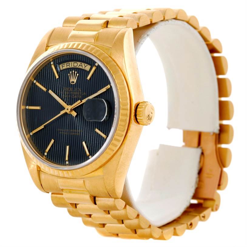 The image shows a Rolex President 18038 Men's Yellow Gold Black Dial 18038 Men's Yellow Gold Black Dial model watch with a golden bracelet and a black dial, at a three-quarter angle.