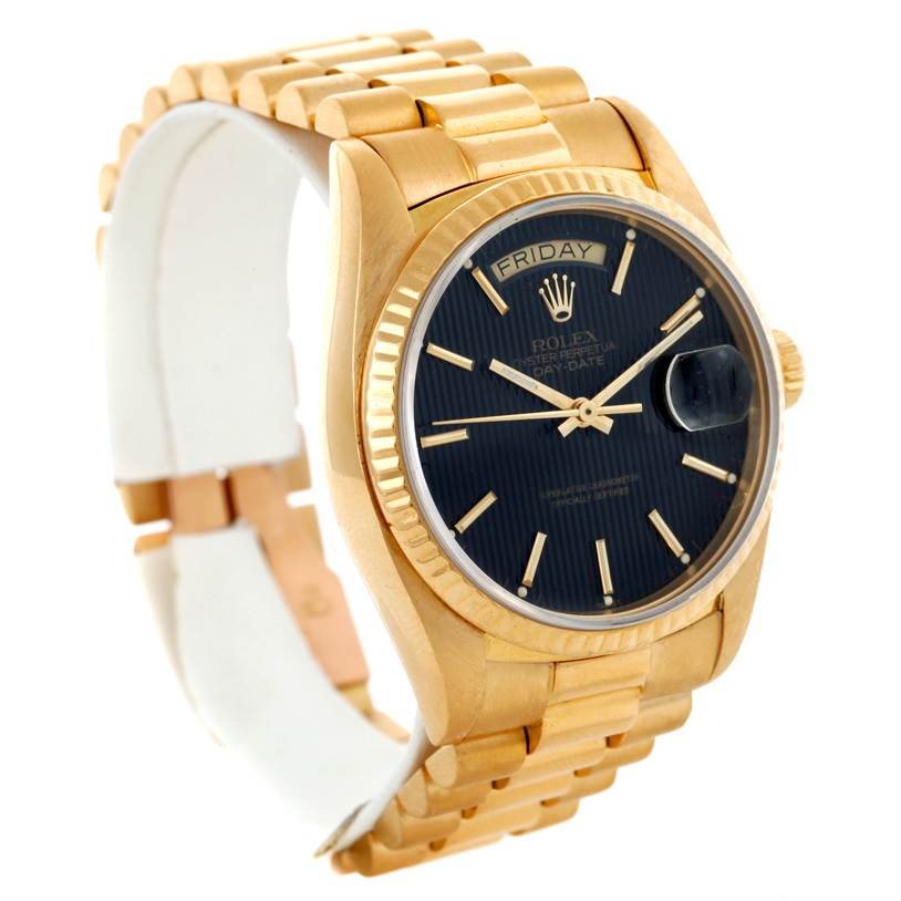 The image shows a Rolex President 18038 Men's Yellow Gold Black Dial 18038 Men's Yellow Gold Black Dial model watch with a gold bracelet and black dial, angled slightly from the side.