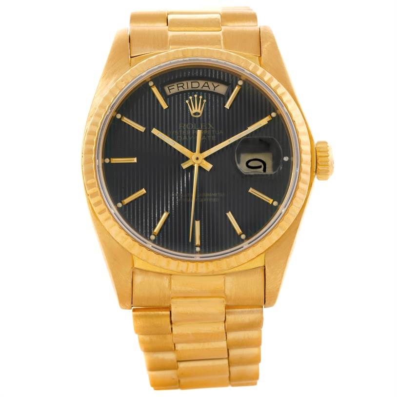 The image shows a front view of a Rolex President 18038 Men's Yellow Gold Black Dial 18038 Men's Yellow Gold Black Dial model watch, highlighting its gold case, black dial, and bracelet.