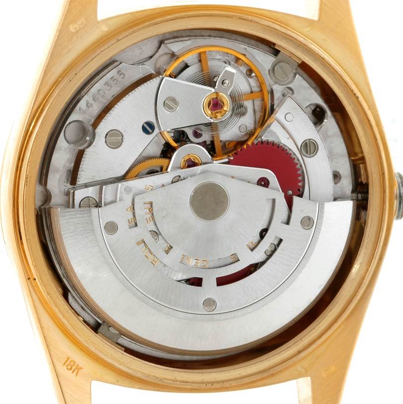 The image shows the internal movement mechanism of the Rolex President 18038 Men
s Yellow Gold White Dial 18038 Men
s Yellow Gold White Dial model watch, viewed from the back.