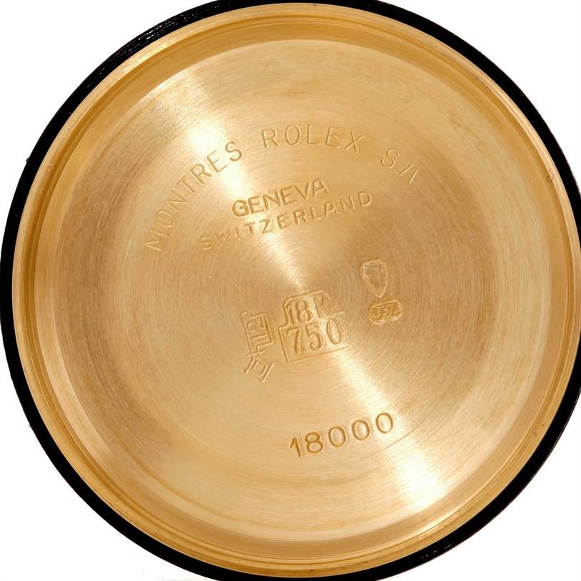 The image shows the interior case back of a Rolex President 18038 Men
s Yellow Gold White Dial 18038 Men
s Yellow Gold White Dial model watch.