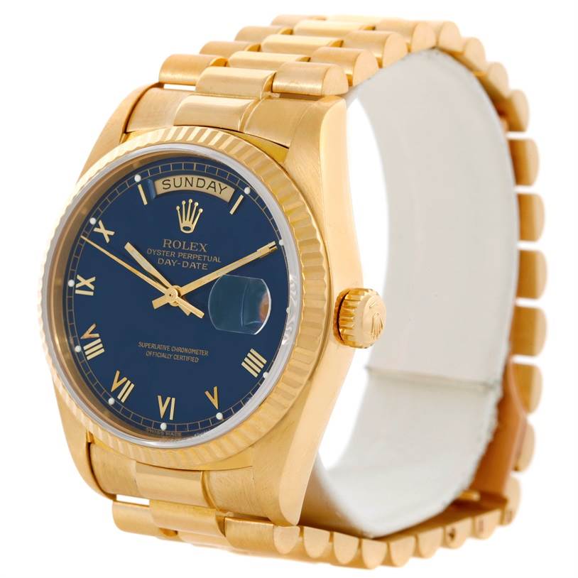 This image displays a Rolex President 18038 Men's Yellow Gold Blue Dial 18038 Men's Yellow Gold Blue Dial model watch at an angled view, highlighting its gold case, bracelet, and blue dial.