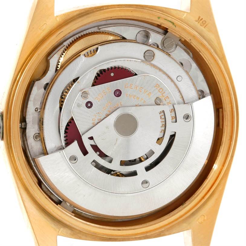 This image shows the internal mechanical movement of a Rolex President 18038 Men's Yellow Gold Blue Dial 18038 Men's Yellow Gold Blue Dial model watch from the back.