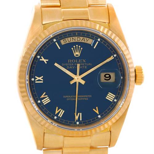 Photo of Rolex President Mens 18k Yellow Gold Blue Roman Dial Watch 18038