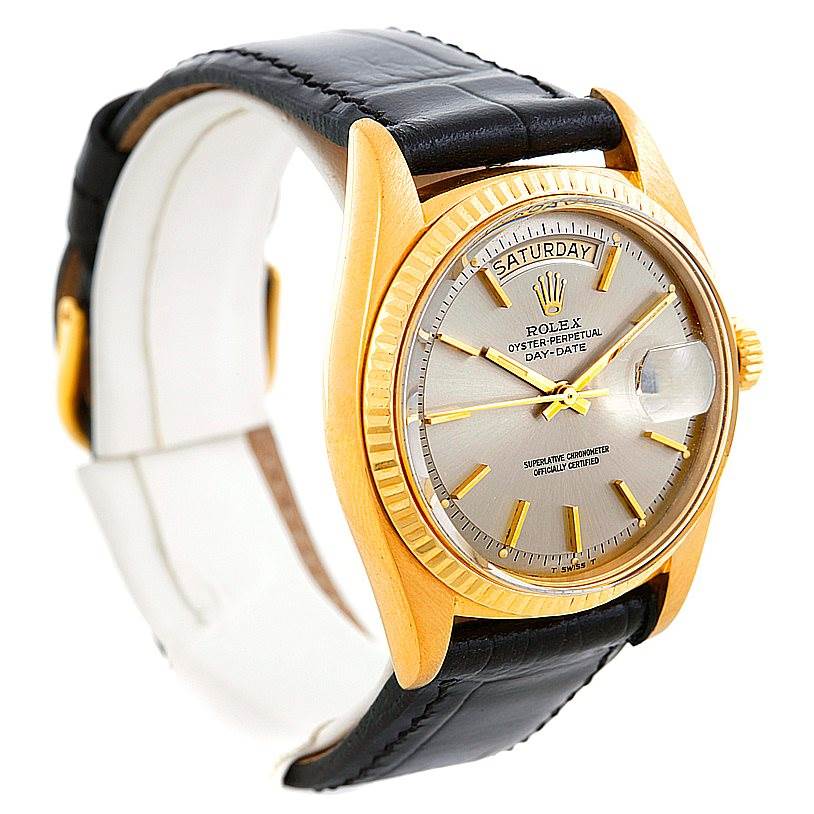 The Rolex President 1803 Men's Yellow Gold Grey Dial 1803 Men's Yellow Gold Grey Dial model watch is shown at a three-quarter angle, highlighting the dial, bezel, crown, and leather strap.