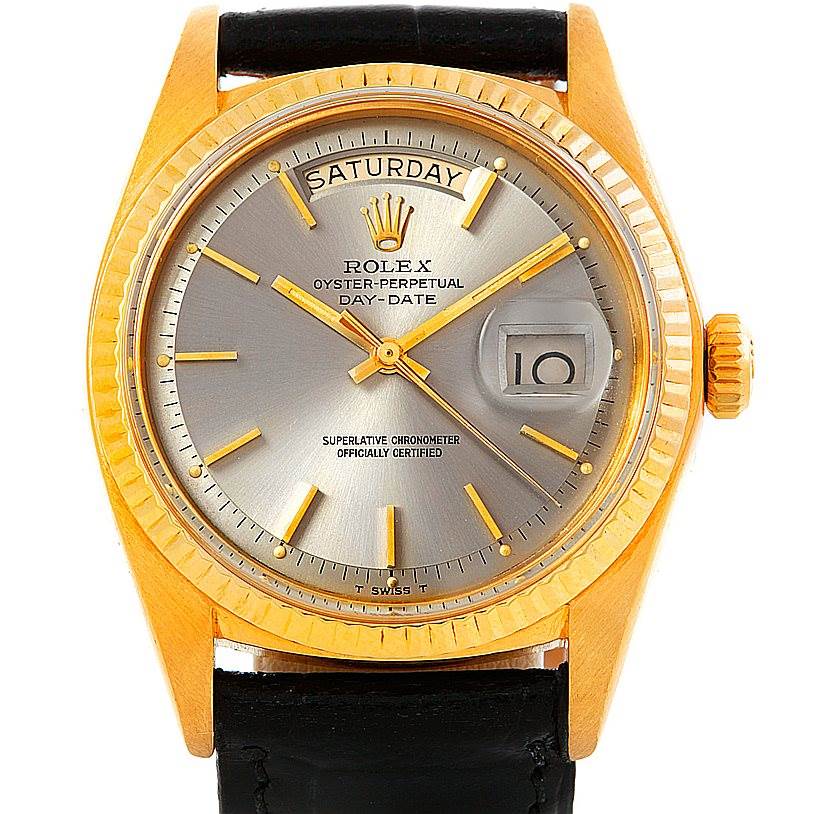 This image shows a frontal view of a Rolex President 1803 Men's Yellow Gold Grey Dial 1803 Men's Yellow Gold Grey Dial model watch, highlighting the dial, day-date feature, and gold casing with a leather strap.