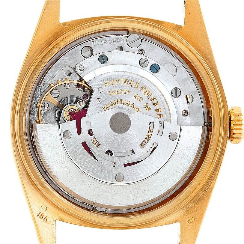 This image shows the movement mechanism of a Rolex President 1803 Men's Yellow Gold Grey Dial 1803 Men's Yellow Gold Grey Dial model watch from a rear angle.