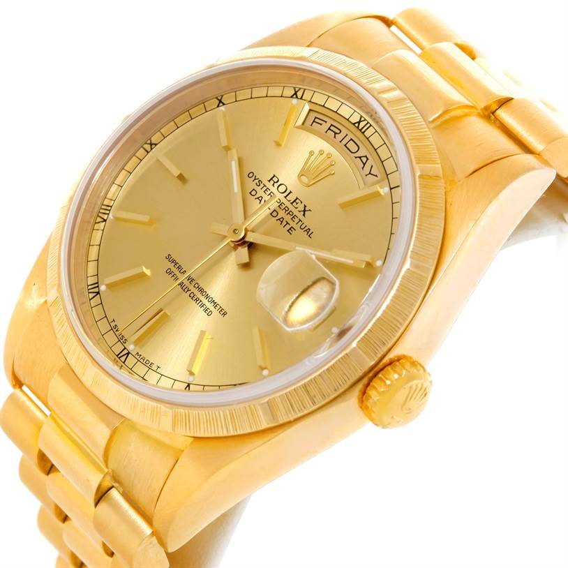 The image shows a close-up of the Rolex President 18248 Men's Yellow Gold Champagne Dial 18248 Men's Yellow Gold Champagne Dial model watch, highlighting the dial, day/date display, and crown from an angled view.