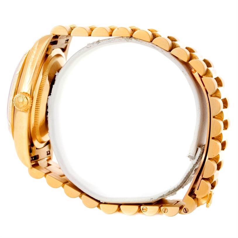 The Rolex President 18248 Men's Yellow Gold Champagne Dial 18248 Men's Yellow Gold Champagne Dial model is shown in a side view, highlighting the case, crown, and bracelet links.