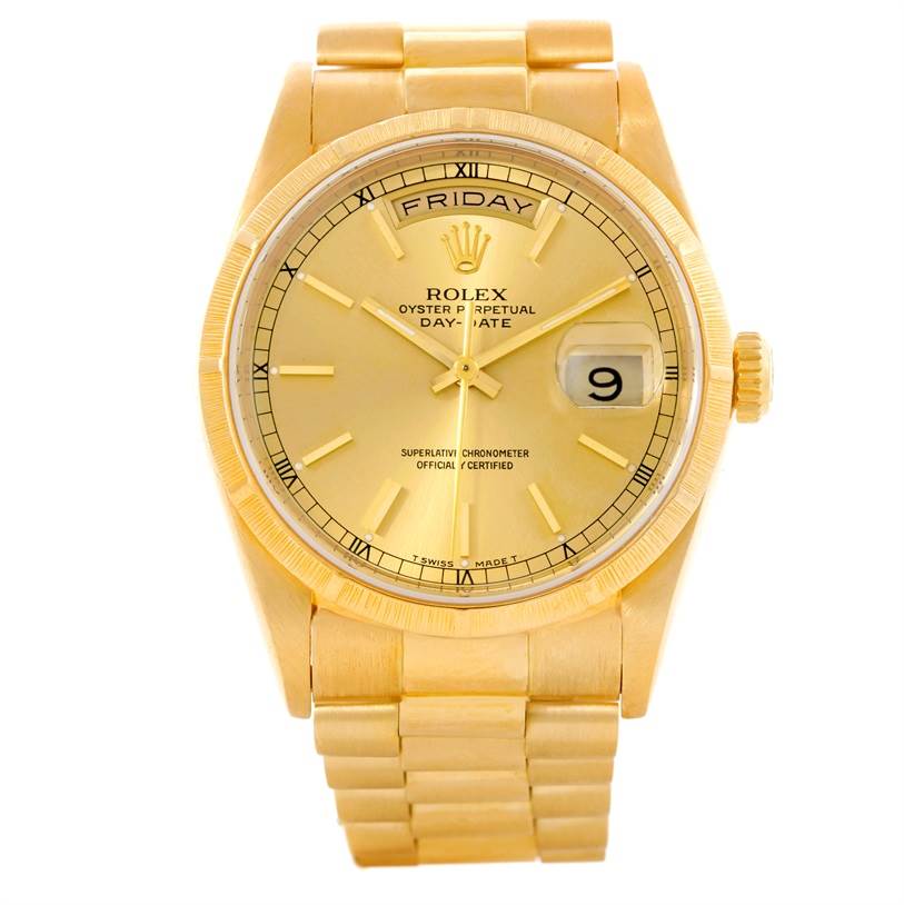This image shows a Rolex President 18248 Men's Yellow Gold Champagne Dial 18248 Men's Yellow Gold Champagne Dial model watch from a frontal angle, highlighting the dial, day-date display, and bracelet.